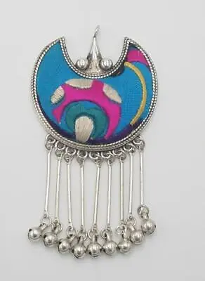 Chinese Embriodery Moon Floral Pendant Miao Silver Vintage Jewelry Hmong Ethnic • $24