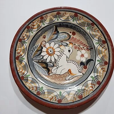 2 Mexico Folk Art Pottery Wall Hanging Plate Fawn Deer Flower Ixtapa Zihuatanejo • $30