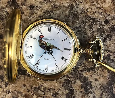 Majestron Mens Quail Stainless Steel Gold Flip Fob Quartz Battery Pocket Watch • $24.99