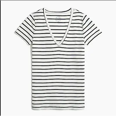 J. Crew Womens Tee Small White Blue Stripe Striped Fine-Rib V-Neck AW606 NWT • $14