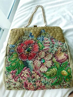 Vintage Auth. Jolles Floral Large Bag Needlepoint Beaded Gold Coins TLC Need 13  • $49.50