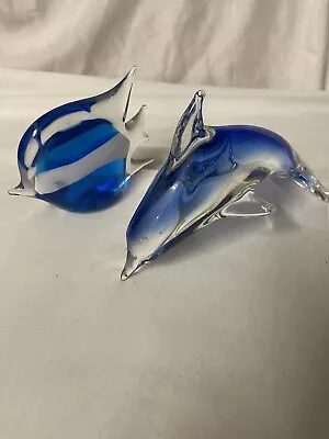 Set Of 2 Hand Blown Art Glass Dolphin & If Fish Paperweight Murano Style Blue • $40