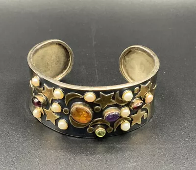 Celestial Moon And Star Sterling Multi Gemstone Cuff Bracelet • $175