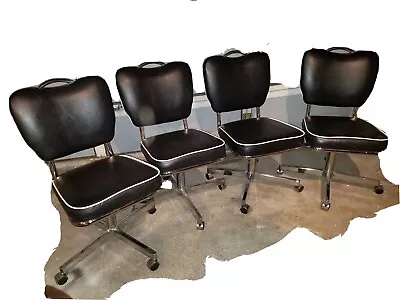 $299 • Buy Vintage Set Of Four MCM Black Swivel Dining Chairs