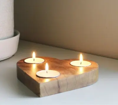 Wooden Heart Tealight Holder Decorative Triple Candle Home Decor Mango Wood Gift • £7.99