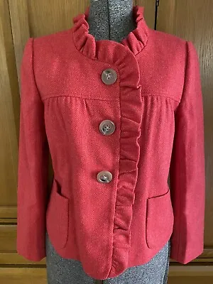 J Crew Red Wool Ruffle Herringbone Jacket With Pockets Large Buttons Sz 6 • $39