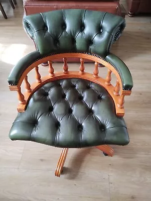 Vintage Green Leather Chesterfield Captains Swivel Office Chair • £185