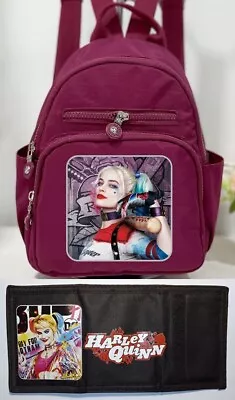 HARLEY QUINN Girl's Backpack Red + Trifold Nylon Wallet Black Coin Zip Pocket • $45