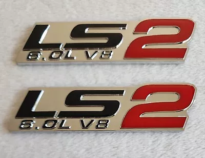 2 Gm Chevy Chevrolet Ls2 6.0l V8 Engine Emblems Badge Chrome Silver Red Pair • $16
