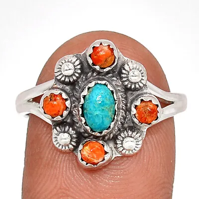 Composite Kingman Blue Mohave Turquoise & Coral 925 Silver Ring S.9 CR24244 • $15.99