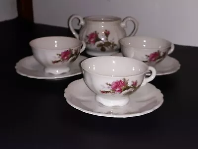 JAPANESE Vintage Porcelain RED ROSE 7 Piece MINIATURE TEA SET ☕ • $24.94
