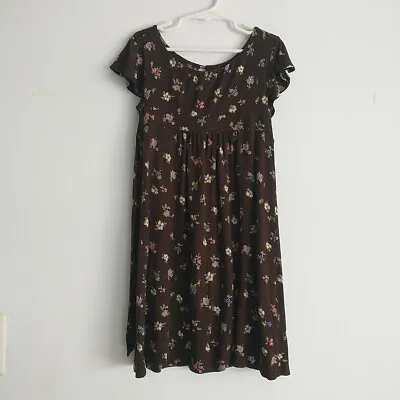 Mini Boden Empire Dress Girl 5-6 Yr Brown Floral Flutter Short Sleeve High Waist • $14.07