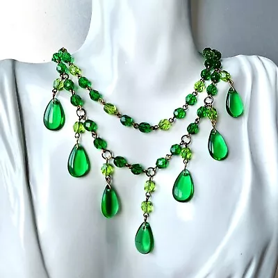 Green Necklace 18'' Czech Glass Old Beads Women`s Jewelry Art Deco • $55