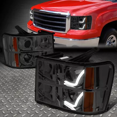 [dual L-halo Led Drl]for 07-14 Gmc Sierra Smoked Amber Side Projector Headlights • $162.99