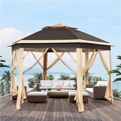 Outdoor Gazebo Pop Up Hexagonal Patio Garden Canopy W/Mesh Netting Khaki/Brown • £127.99