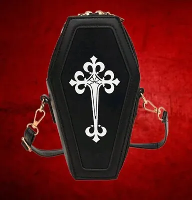New Black Coffin Shaped Cross Print Gothic Zip Crossbody Long Shoulder Strap Bag • £29.99