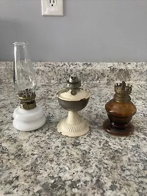 Lot Of 3 Vintage Glass Mini Oil Kerosene Lamp Hurricane Amber Milk Glass Acorn • $9.99