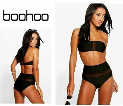 Ladies & Girls BOOHOO BIKINI BLACK Mesh SIZE 6 Swimming Swim Costume Top Bottoms • £6.99