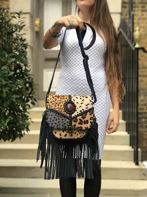 £59.90 • Buy Hippie FRINGE LEATHER BAG Ethnic Stone Tassel Pony Hair Leopard Boho Tan Vintage