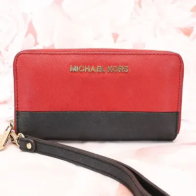 Michael Kors Womens Jet Set Phone Clutch Wallet Medium Dark Red/Black Zip Around • $44.99
