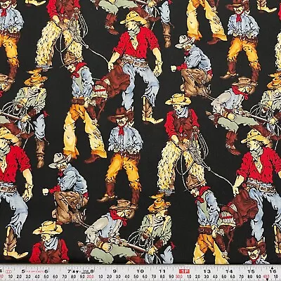 Vintage 1995 Alexander Henry Western Cowboy Black Cotton Fabric By The HALF YARD • $14.99