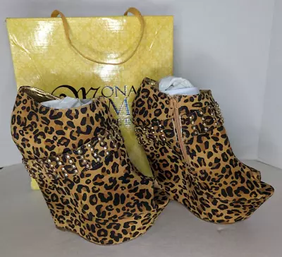 MONA MIA Alexa NEW Size 7 Leopard High Heel Platform Wedge Stud Band Ankle Boot • $32.91