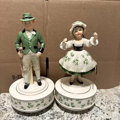 Vintage Schmid Ceramic Irish Boy & Girl Music Box Figurines When Irish Eyes Are. • $40