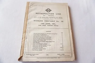 1961 Metropolitan Line Underground Tube Working Timetable No 188 & 189 • £29.99