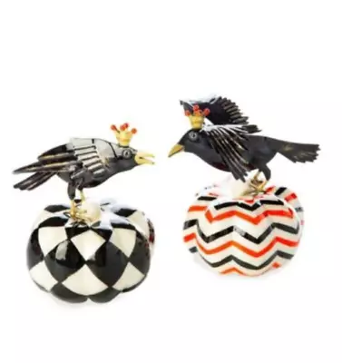 MACKENZIE-CHILDS Crowned Crow Pumpkins Halloween Decor Capiz SET 2 Figurines NEW • $67.50