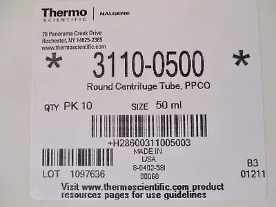Thermo Scientific Nalgene 3110-0500 Round Centrifuge Tube PPCO Box Of 10 • $9.98