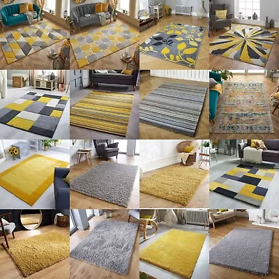 Ochre Gold Grey Yellow Mustard Rugs Small XL Large Rug Runner Living Room Carpet • £204.99