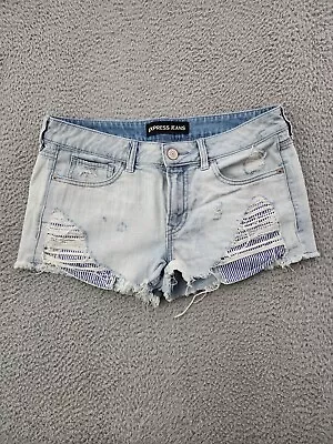 Express Shorts Womens 8 Blue Cut Off Distressed Ripped Denim Light Wash 34X2 • $14.99