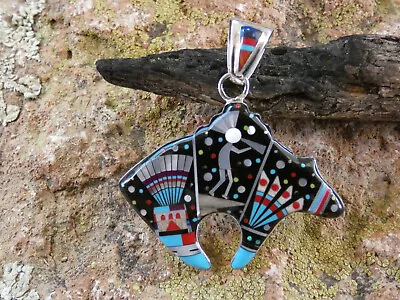 Bear Kachina Night Sky Micro Inlay Gemstone Sterling Silver 925 Pendant NEW K75 • $169.95