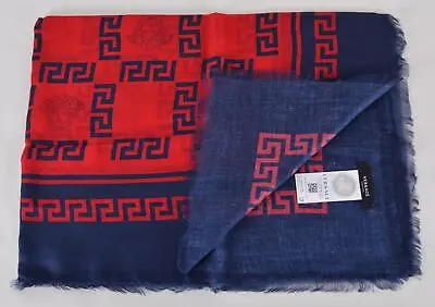 NEW Versace $425 Blue Red Modal Silk MEDUSA HEAD Greca Key Scarf • $210.33