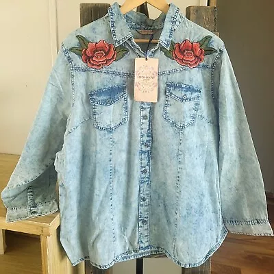 NWT 2X Acid Blue Jean Denim Embroidered Roses Button Down Shirt Top Western  • £8.11