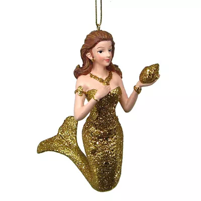 Golden Glittered 4.5  Resin Mermaid Holding Sea Shell Nautical Xmas Ornament • $10.88