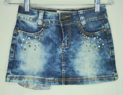 VTG ED HARDY Mini Skirt Size 1/2 Christian Audigier Denim Jean Rhinestones Studs • $36