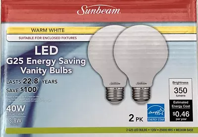 Sunbeam LED G25 Vanity Bulbs 2-Pack 40 Watt Warm White Energy Saving • $13.97