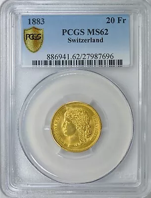 Rare Gem ~ Switzerland ~ 1883 ~ Gold ~ 20 Francs ~ PCGS ~ MS 62 ~ $718.88 - OBO • $718.88