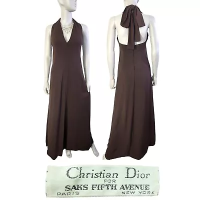 Vtg 70s Prom Dress S Christian Dior Designer Brown Halter Plunge Gown Saks • $399.99