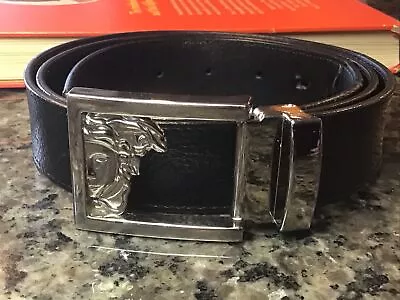 VERSACE COLLECTION Men's Silver Half Medusa Black Leather Belt Sz 44 VERA PELLE • $89.90