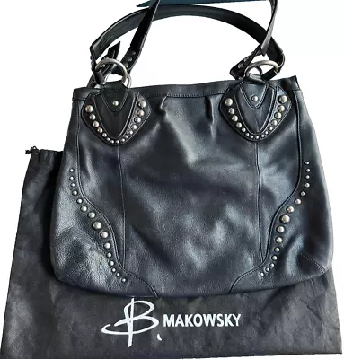 B Makowsky Purse Black Leather Double Strap Shoulder Bag Silver Studs Hardware • $34.20