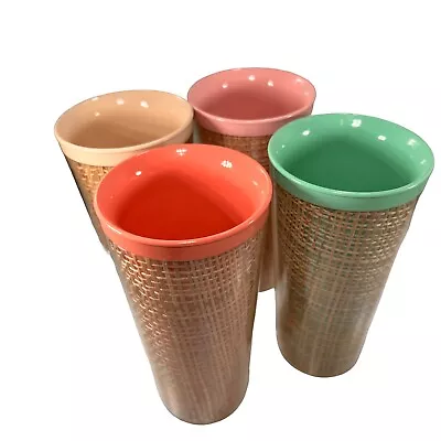 Vtg Raffia Burlap Rattan Wicker Melmac Insulated Retro PLASTIC TUMBLERS Lot Of 4 • $24.95