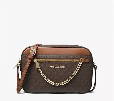 Michael Kors Jet Set Large EW Brown Signature PVC Zip Chain Crossbody Bag Purse • $83.28