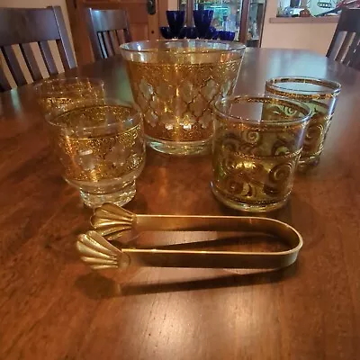 Vintage CULVER Valencia Ice Bucket W/ Tongs & 4 Glasses • $89.99