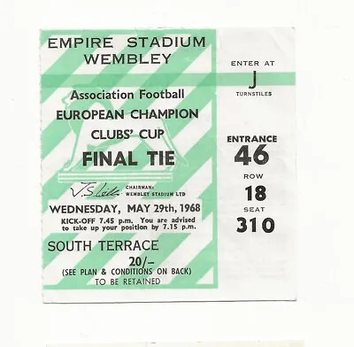 £31 • Buy 1968 European Cup Final TICKET Benfica V Manchester United/Man Utd