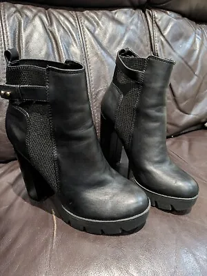 Ladies Miss Selfridge Size UK 7 Black Platform Boots Ankle Booties • £11.99