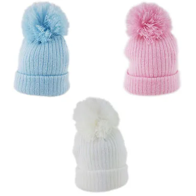 £3.95 • Buy Baby Winter Pom Pom Hat Rib Knit Boys Girls Blue Pink White Newborn To 12 Months