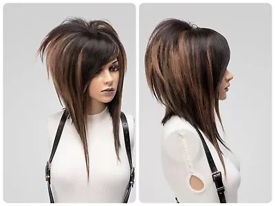 Wigs Emo Brown Blonde Highlight Bob With Bangs Full Density Styled Unisex Scene • $174.31