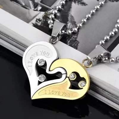 His And Hers Stainless Steel I Love You Heart Men Women Couple Pendant Necklace • £4.29